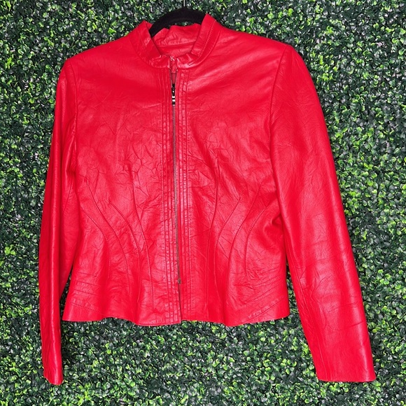 Anne Klein Red Leather Jacket size PS vintage rocker style pleats